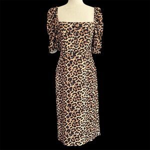 Zara Woman Leopard Midi Dress Size M Animal Print Pencil Puff Sleeve Smocked NWT